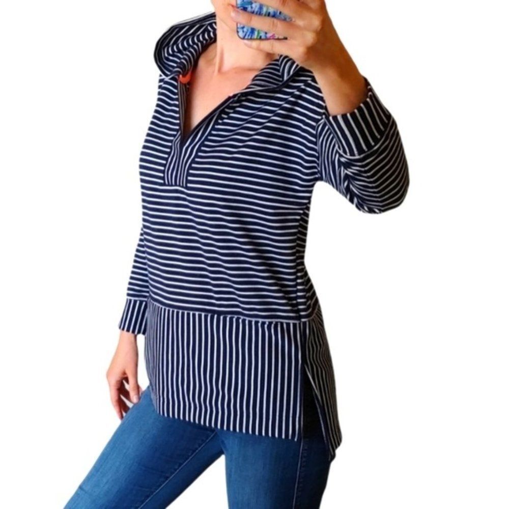 MelloDay striped hoodie blue white sweatshirt pullover long sleeves size Small